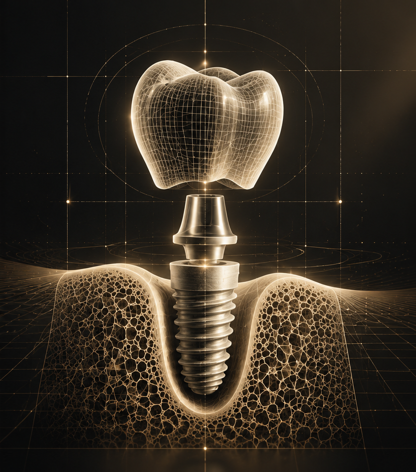 Technical illustration of crown, abutment, implant fixture, and supporting bone