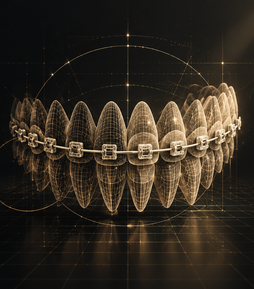 Illustrated anatomical dentition with orthodontic brackets and archwire